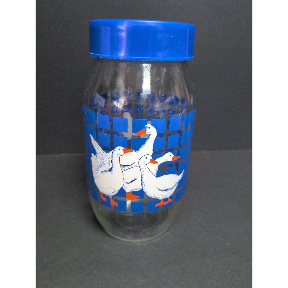 Carlton Glass Geese Clear Jar Blue Lid 2L Canister Goose Country Storage 1980's